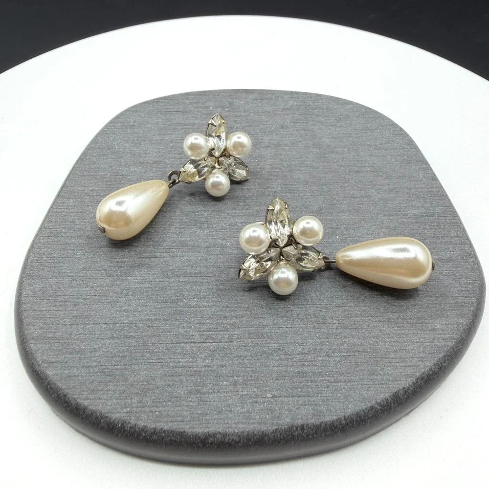 Faux Pearl Rhinestone Teardrop Dangle Earrings Bridal Coquette Statement Gift